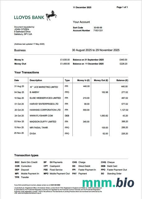 UK Bank Of Scotland konto statement szablon Worda i PDF, 2 stronas